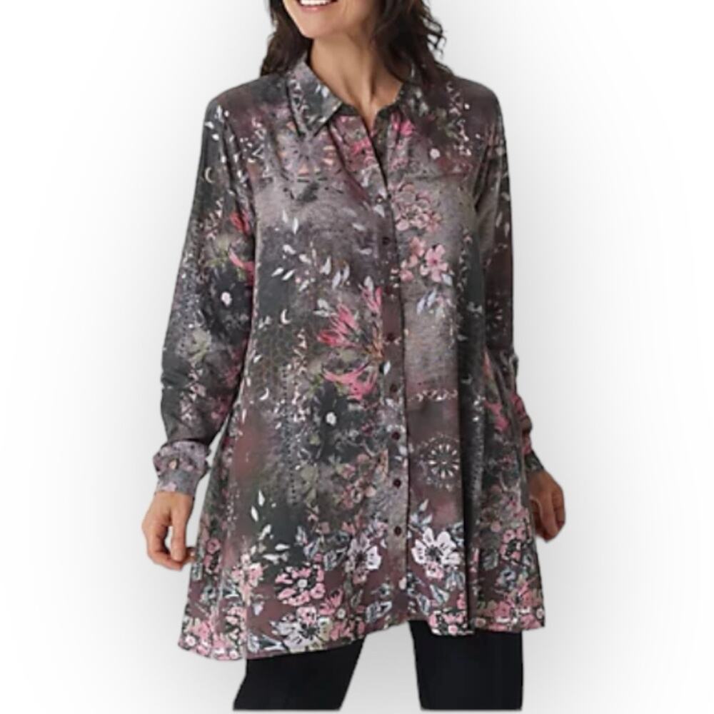 TOLANI COLLECTION NWT Button Front Printed Tunic Blouse Multi Sz XS Button Flaw